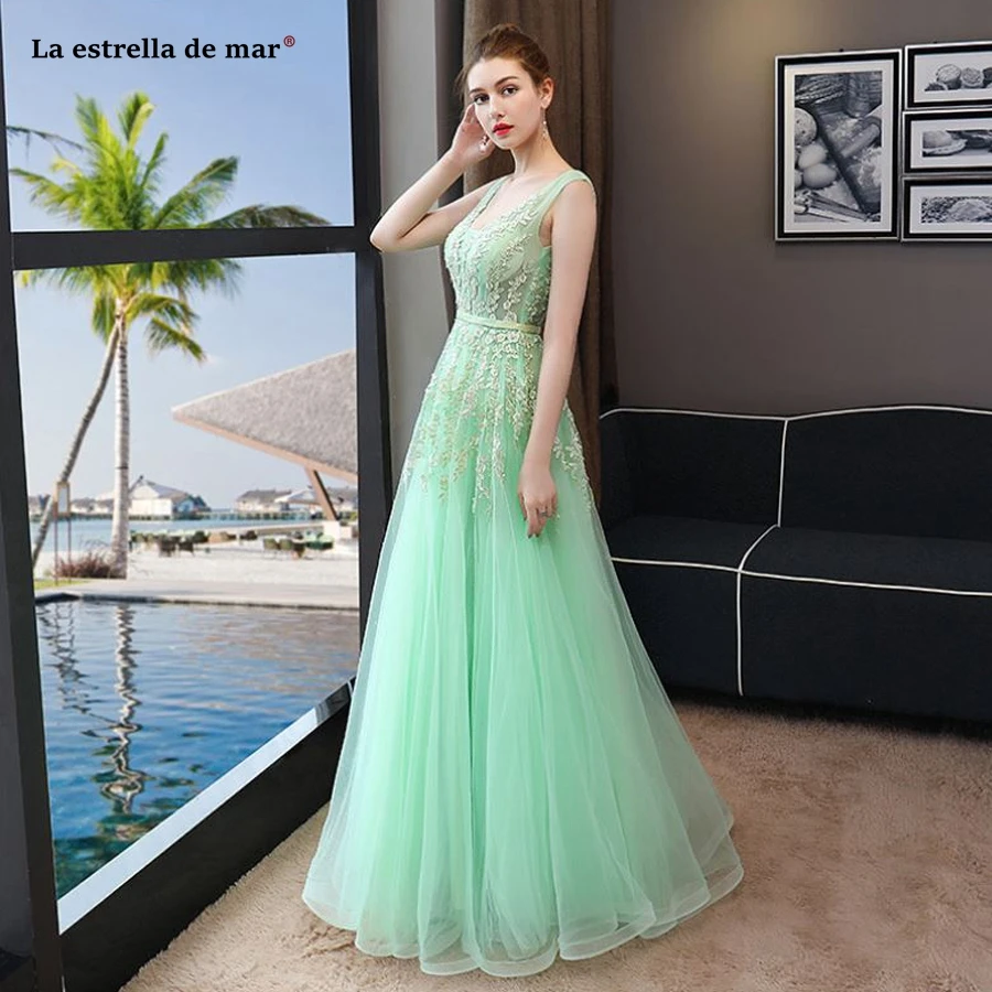 

Vestidos de festa vestido longo para casamento2020 new lace sexy V neck back open a Lline mint green bridesmaid dresses cheap