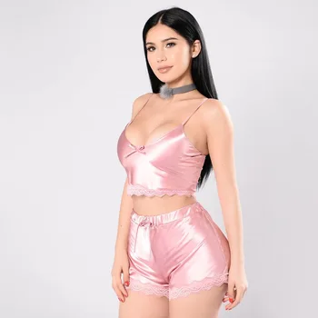 

2018 Ladies Sexy Silk Satin Pajama Set Lace Pyjama Set Sleeveless Pijama Set Sleepwear Summer Home Wear Sleep Wear For Women