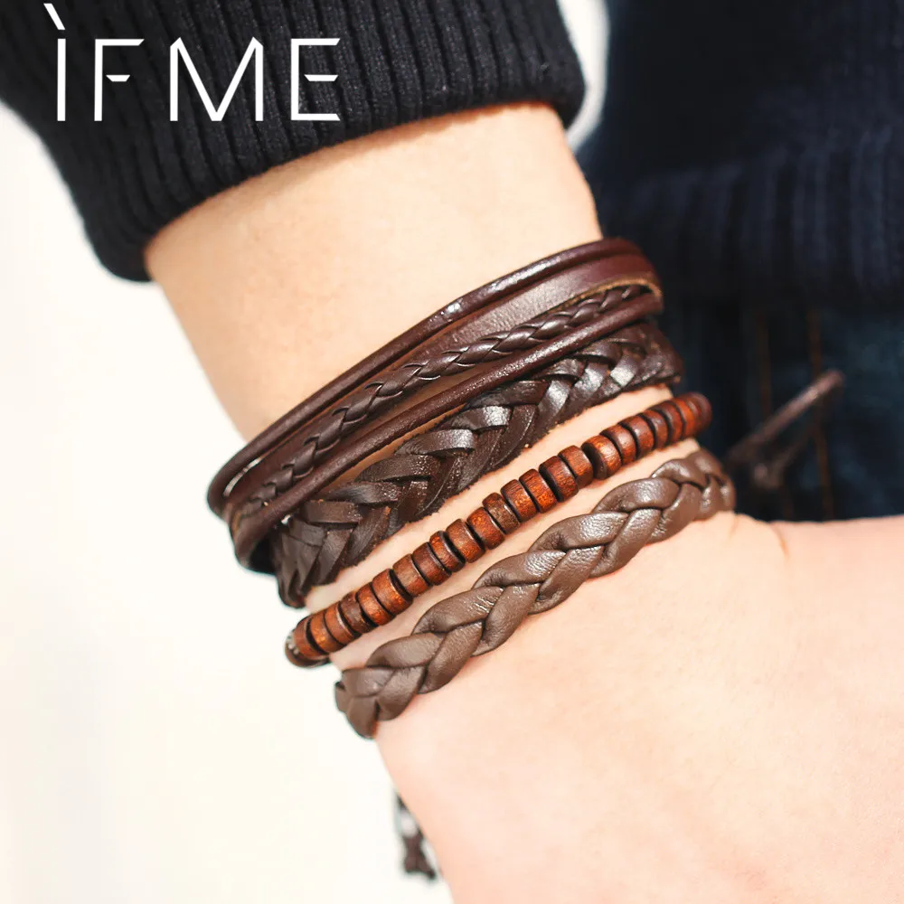 

IF ME Fashion Multilayer Vintage Boho Leather Bracelets For Woman Wood Bead Genuine Braided Bracelet Wristband Wrap Men Jewelry