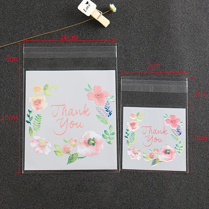 

100pcs/lot Flower Pattern"Thank you" Cookie Packaging Bags Small Gift Bag Self Adhesive Plastic Bags Wedding Candy Bag 4 Sizes
