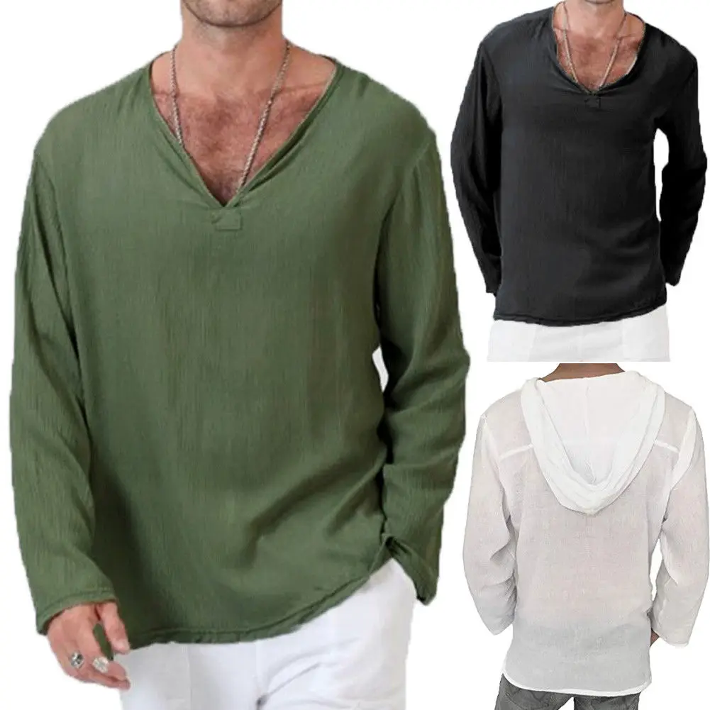 UK Men's Cotton Linen Tops Casual Loose V Neck Long Sleeve Solid ...