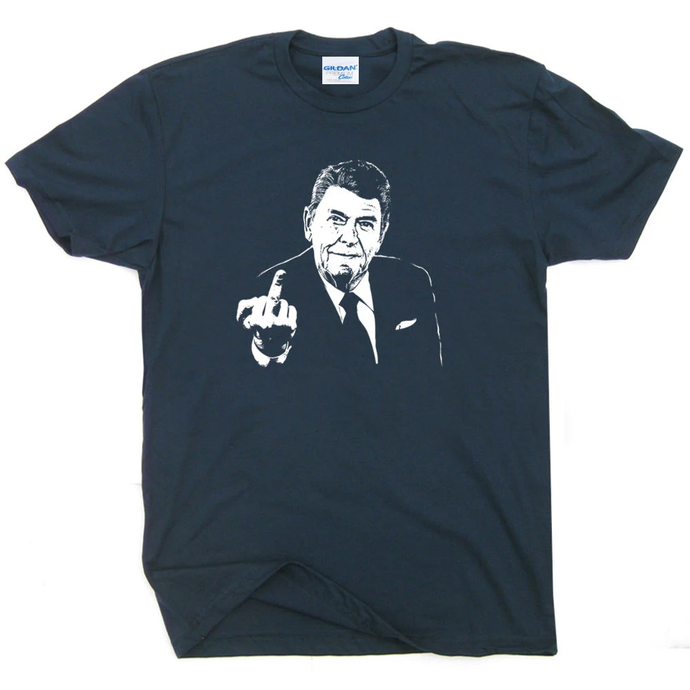 cheap 2019 Creative Novelty American T Shirt ronald Reagan T Shirt Middle Finger Funny Political Donald Trump Republican Tee Shirts