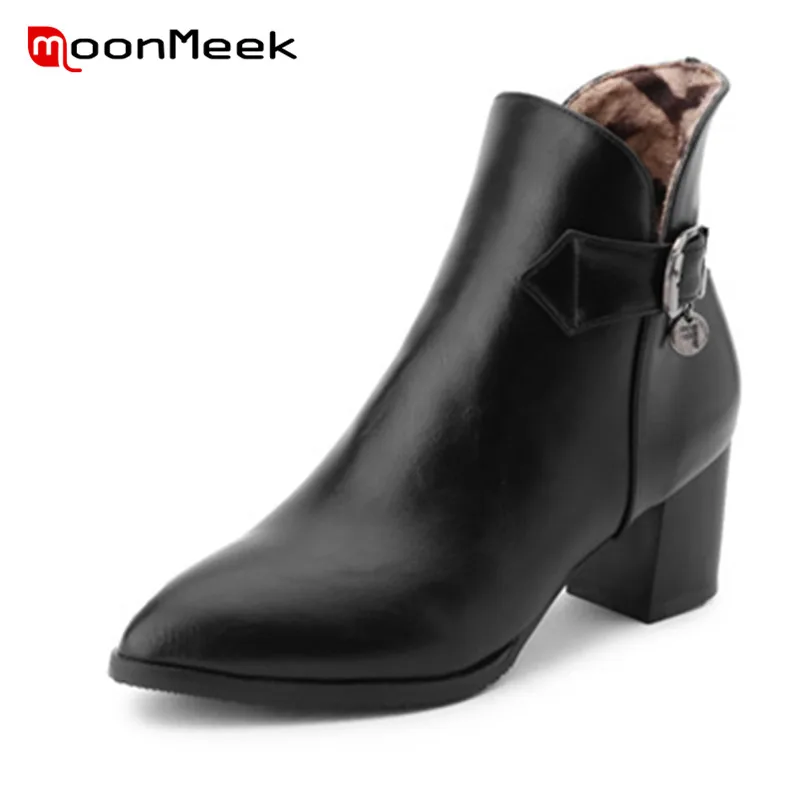 

MoonMeek new fashion 2018 popular thick heel ankle boots ladies autumn winter pointed toe boots big size pu leather woman boots