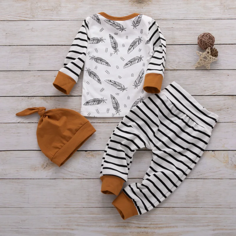 Зимняя одежда для новорожденных мальчиков и девочек; футболка с перьями; топы; штаны в полоску; комплект одежды; vetement enfant fille