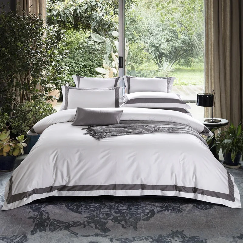

TUTUBIRD-Luxury Satin Egyptian Cotton Bedding Set Solid Color Striped Plaid Duvet Cover+Flat Sheet+2 Pillowcases King Queen Size