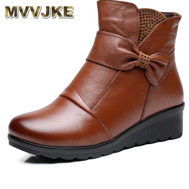 

MVVJKE Genuine Leather Shoes Keep Warm Winter Snow Boots Woman Flat Heels Side Zipper Rhinestones Short Boots Women