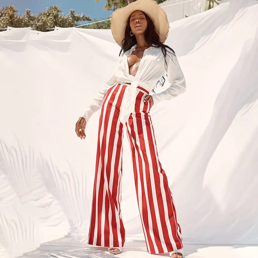 red and white pinstripe pants