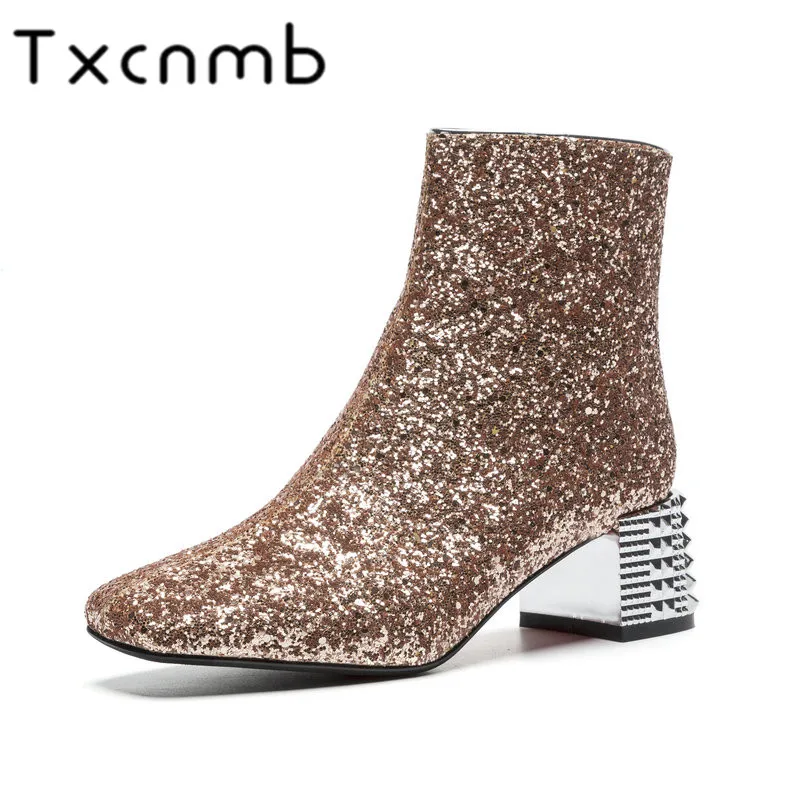 

TXCNMB 2019 Boots Women Ankle Boots for Women Winter Sequined Leather High Heel Shoes Woman Zipper Bling Bling Round Toe Boots