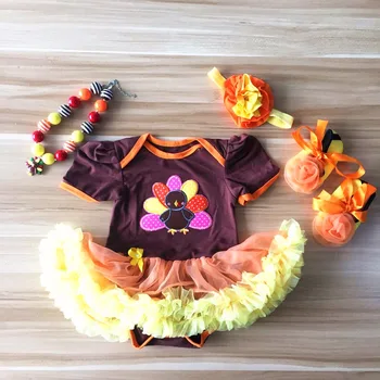 

2020 baby toddler girls kids children Ruffles Tutu Romper thanksgiving outfits turky romper with necklace and headband and shoes