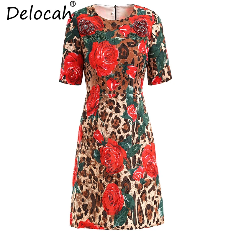 

Delocah Women Summer Dress Runway Fashion Short Sleeve Leopard Print Crystal Beading Collect Waist Casual Party Mini Dress 2019