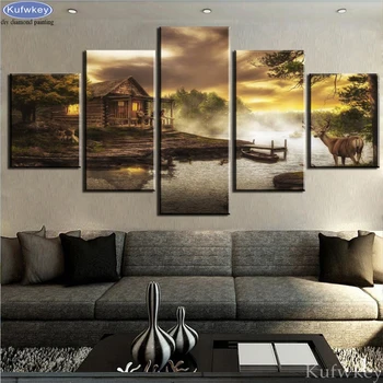 

5D DIY Diamond painting Scenery House/Lake/Deer Diamond embroidery 5 pcs Cross stitch Full Square Round mosaic crystal Painting