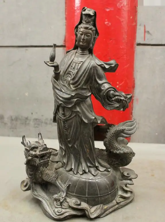 

song voge gem S7070 16" China Pure Copper Bronze GuanYin Kwan-yin Buddha Stand Dragon Turtle Statue