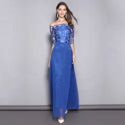 Синий кружево Длинные вечерние платья с открытыми плечами Элегантные линии официальная Вечеринка платье на выпускной вечер Robe Soiree
