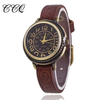 

CCQ Brand Vintage Cow Leather Bracelet Watch Women Flower Engraved WristWatch Casual Luxury Quartz Watch Relogio Feminino