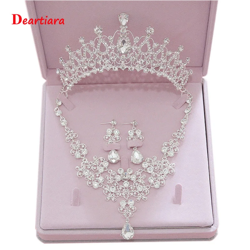 

Girl Wedding Bridal Crystal Rhinestone Necklace Earrings Crown Tiara Jewelry Set