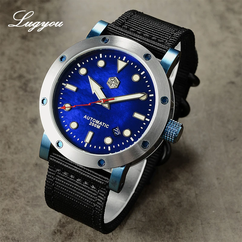 Lugyou San Martin мужские часы из нержавеющей стали механические PT5000 Водонепроницаемые Синие швабры прозрачные черные нейлоновые ремешок светящиеся стрелки