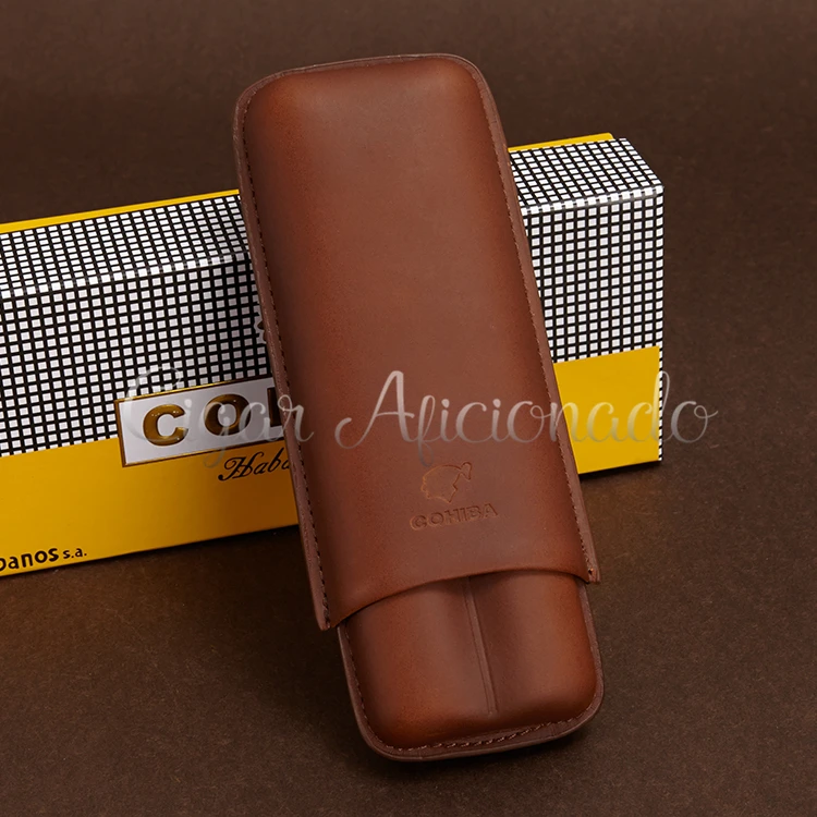 

COHIBA Pretty Gadgets Gorgeous Portable Brown Leather Cigar Case Tavel Holder 2 Tube with Black Gift Box
