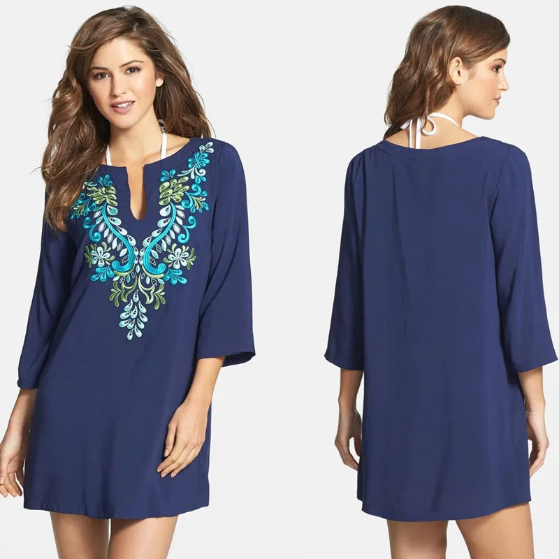 

Bath Dress Sundress Female Summer Swimsuit Coverup Beach For Women May New Blue Cotton Neck Skirt Shirt Solid Polyester Sierra