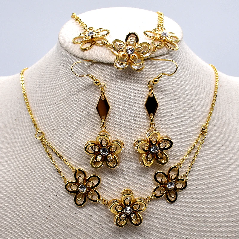 

AMUMIU Fashion jewelry sets for women 2017 Flower Gold Rhinestone 316L Stainless Steel Necklace Earring Bracelet Set KTZ034