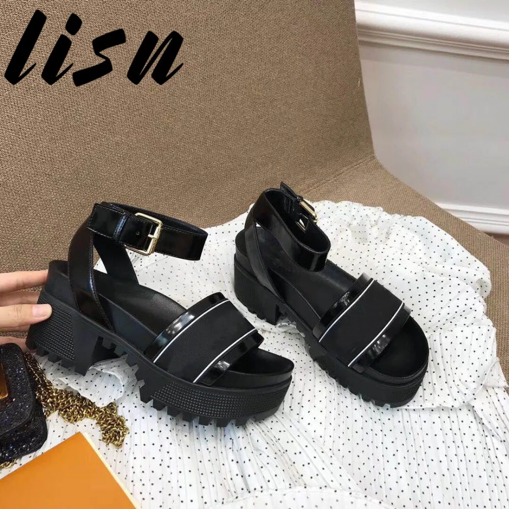 

LISN New Brand Genuine Leather Open Toe Summer Sandals Sexy Platform Buckle Strap Thick Heel HIgh Heel Sandals Shoes Women