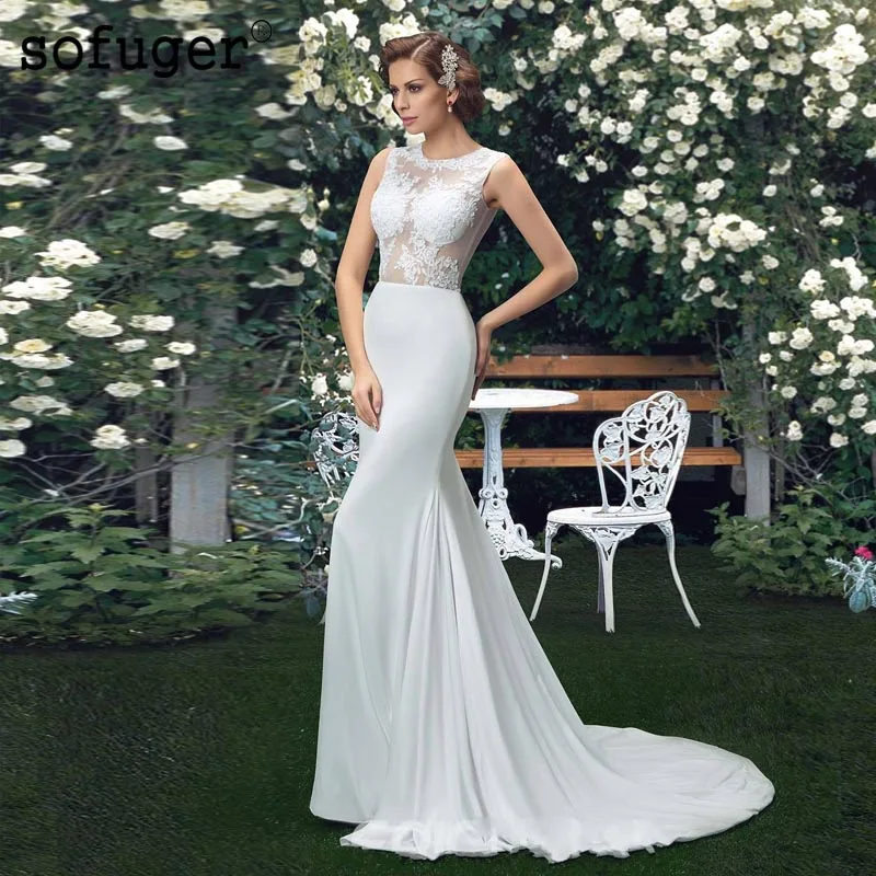 

Illusion Mermaid Wedding Dresses Scoop Tank Zipper Court Train Bridal Gown Wedding Vestidos de Noivas Custom