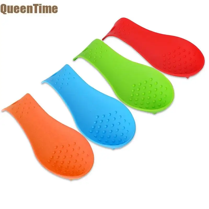 

QueenTime Silicone Soup Spoon Rest Blue Tableware Holder FDA Approved Ladle Placemat Green Kitchen Gadgets Scoope Fork Table Mat