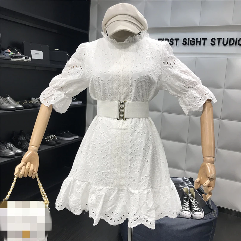 

TAOVK Summer Female Sweet Hollow O-neck Short Sleeve Loose Ruffled Dress