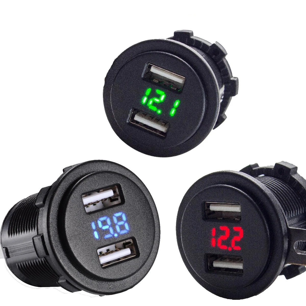 4.2A Dual Port USB Charger with Voltmeter 12 24V BLUE RED GREEN LED