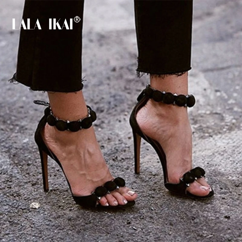 

LALA IKAI Women Flock Rivet Crystal Zipper Sandals Pump 2018 Slip On High Heels 11CM Sandals Lady Sexy Shoes 014C1249 -35