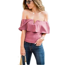 Summer women Fashion clothes Short Sleeve v-neck solid blouses casual ladies off shoulder ruffles slim sexy shirts blouses tops