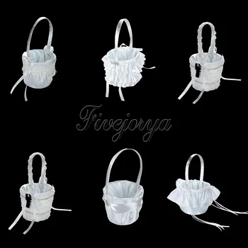 

5 Styles White Wedding FLower Basket With Lace Diamante Buckle Flowers Satin Ribbon Bow Flower Girls Basket for Wedding Decor