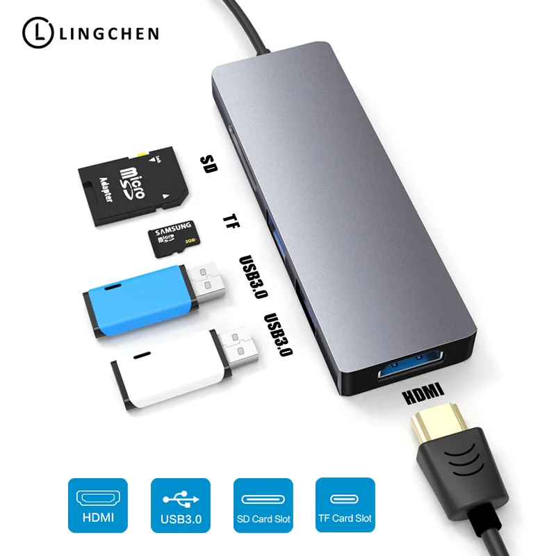 

LINGCHEN USB HUB USB C HDMI Cable For MacBook Adapter For Type C Mobile Phones USB 3.0 HUB Data Transfer Type-C SD Card Reader