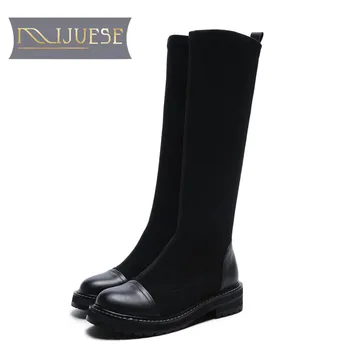 

MLJUESE 2018 women Knee-high boots cow leather black color winter short plush square heel platform high boots boots