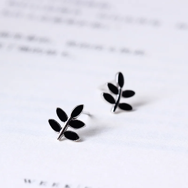 black leaf earrings 100% 925 Sterling silver Jewelry fashion Hypoallergenic Stud earrings for girl  gift