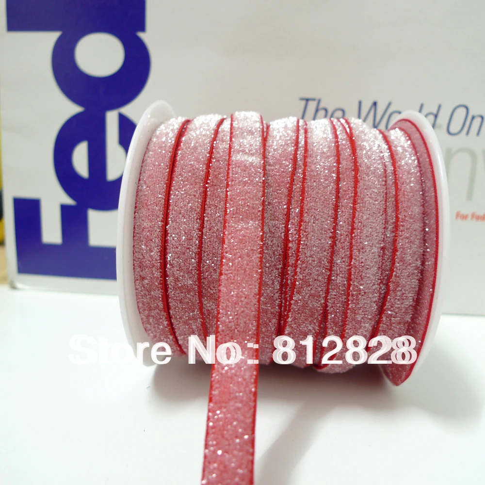 50 Yards 3/8'' 10mm Elastic Frosted Glitter Ribbon Red Tone Great For