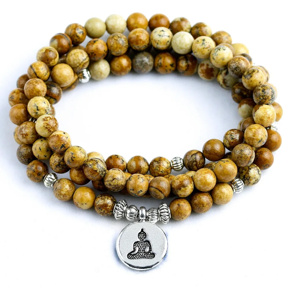 

Natural 6mm Picture Stone Woman Sparkling Jewelry Multi-layer wraps Lotus 108 Prayer Beads Bracelets Men Mala Yoga Bracelet