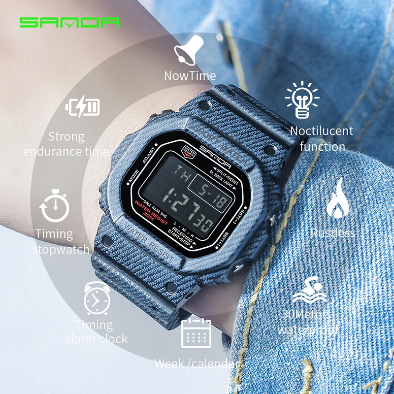 2019 новые джинсовые SANDA SD339G спортивные цифровые часы G стиль светодиодный мужские