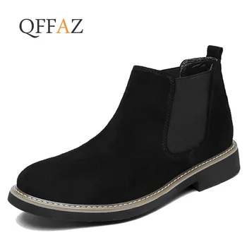 

QFFAZ Autumn Winter Warm Casual For Men Ankle Chelsea Boots Male Shoes Cow Suede Leather Quality Slip On Motorcycle Man Boot