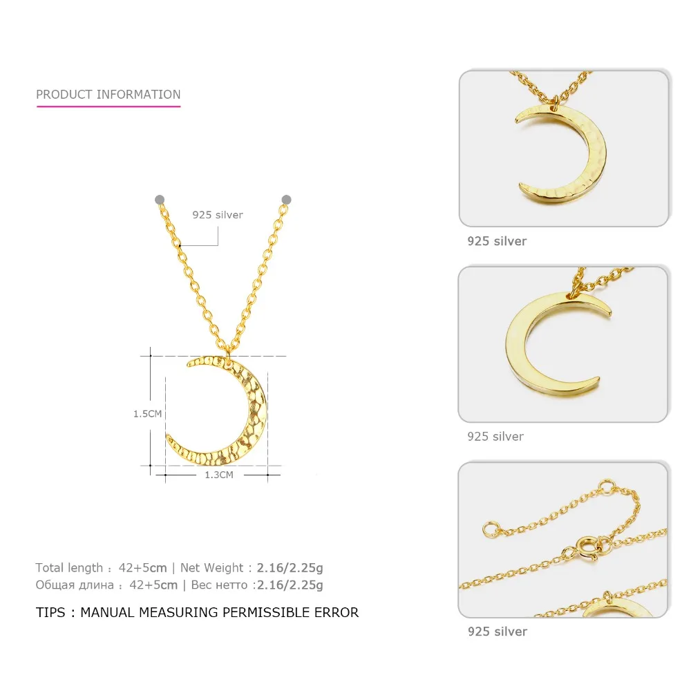 e-Manco Moon Pendant Necklace 925 Silver Simple Gold Chain Link Crescent Necklace Women Fine Jewelry Moon Pendant Necklace