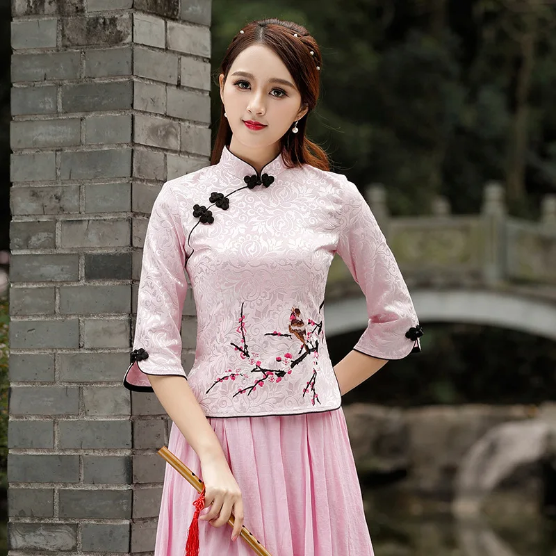 

2019 Spring Summer Red Fashion Embroidered Chinese Style Retro Tang Suit Tops Short Cheongsam Women's Pink White Large Size