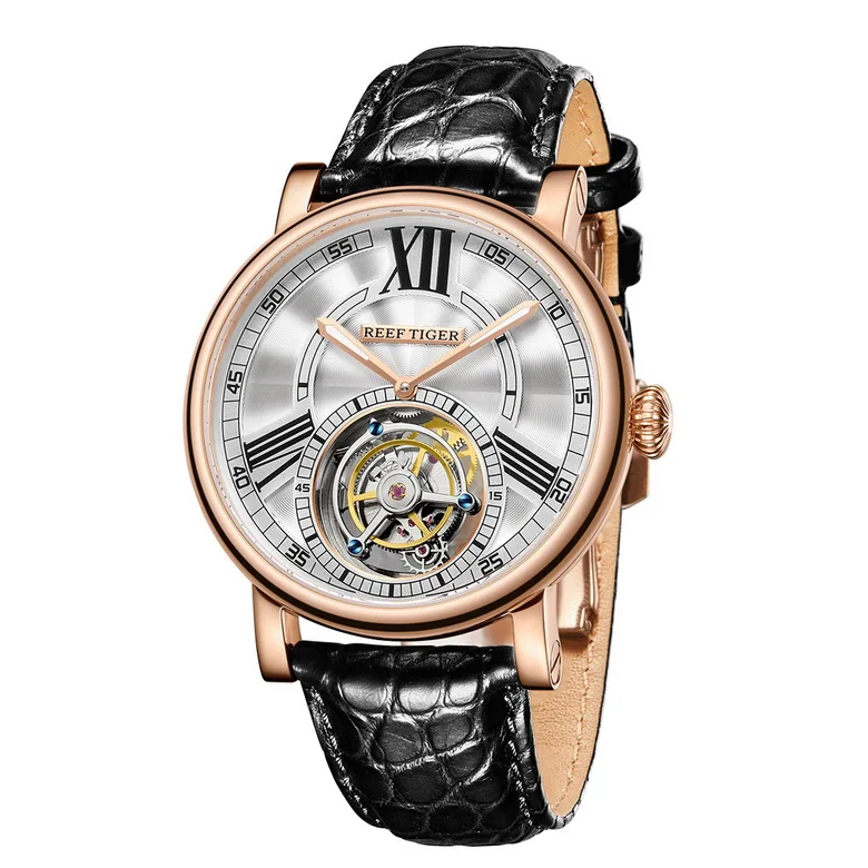 Reef Tiger Classic Serier RGA1999 мужские полые циферблат платье Real Tourbillon автоматические механические наручные часы-серебро