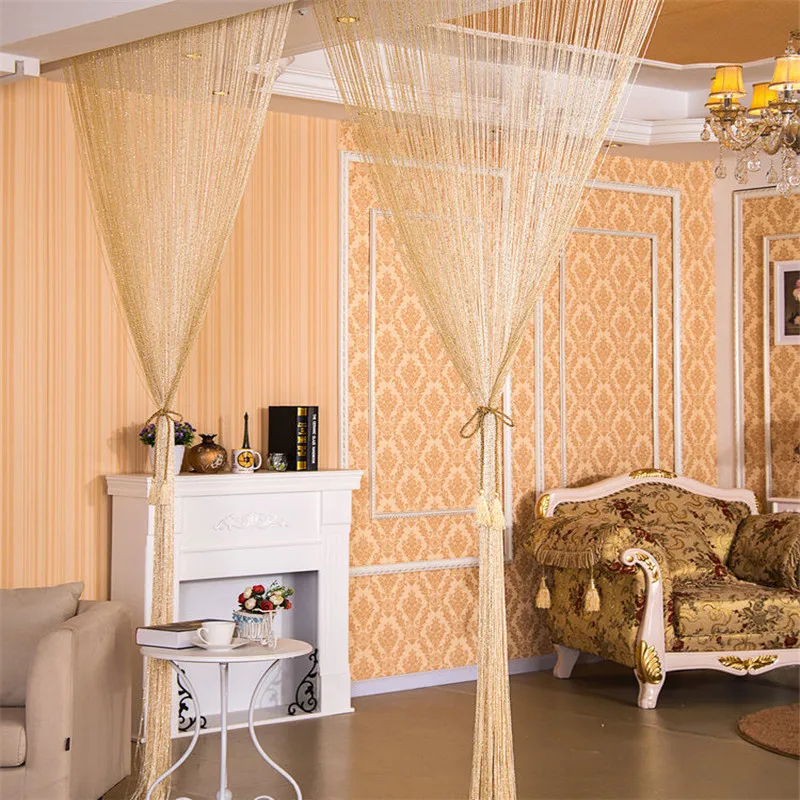 Decoración del hogar 100x200 cm borla brillante Flash línea de plata cortina ventana divisor transparente cortina puerta tratamiento