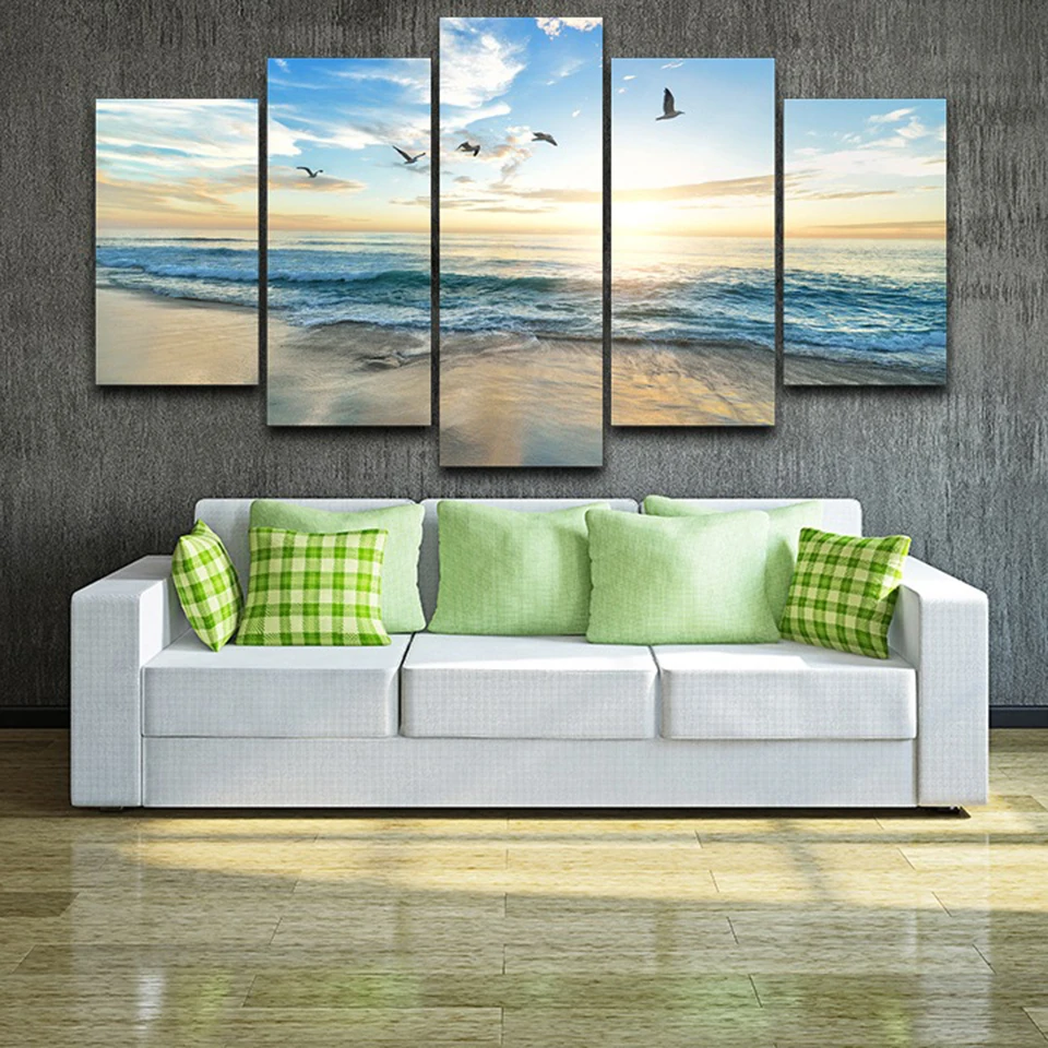 Холст HD принты плакат домашний Декор 5 шт. морская волна пляж Чайка птицы картины модульные настенные картины морской пейзаж рамки