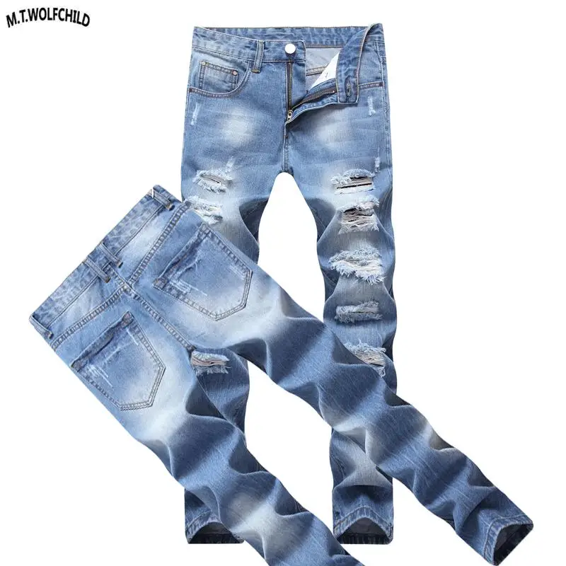 2018 Модные мужские джинсовые длинные брюки повседневные рваные мужские джинсы мужские брюки мужские прямые синие джинсы Плюс Размер 28-42