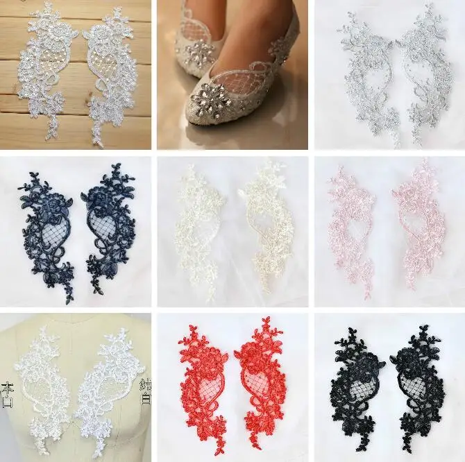 

6 Pieces/3 Pairs 27.5*9.5cm Floral Embroidered Lace Applique Sequin Navy Blue Lace Trim Dress DIY Accessories for Women Dress