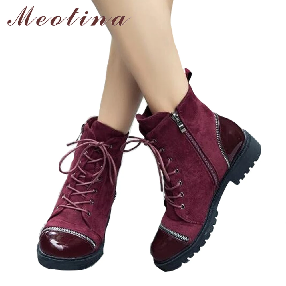 

Meotina Motorcycle Boots Winter Women Ankle Boots Mid Square Heel Female Boots Zipper Lace Up Fashion Ladies Shoes Red Black 43