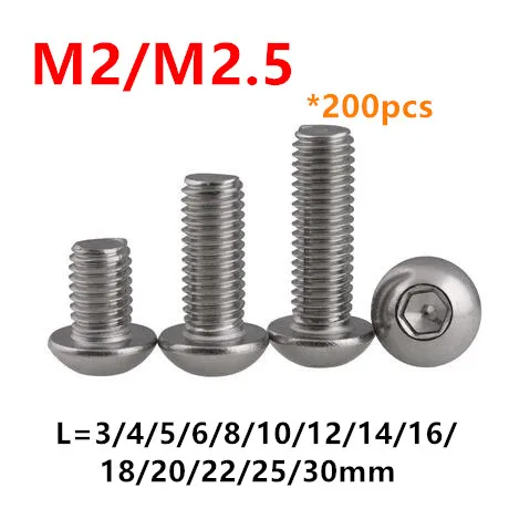 200 шт. ISO7380 винты с шестигранной головкой M2 M2.5 * 4/5/6/8/10/12/16/20/25/30 мм из нержавеющей