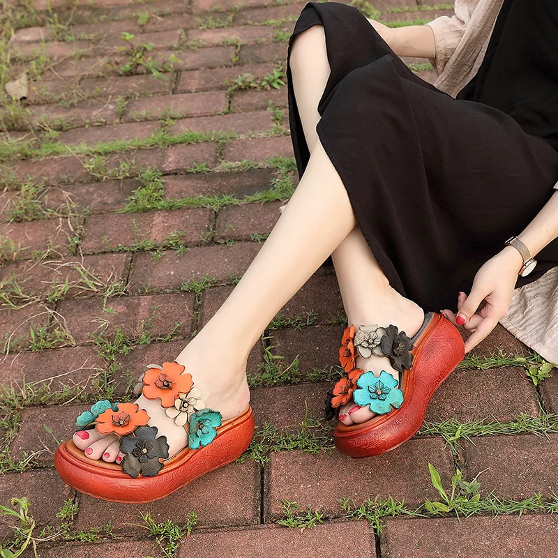 

Women Slippers Flower floral Shoes Leather Summer Beach Slippers High Heels Wedge Shoes