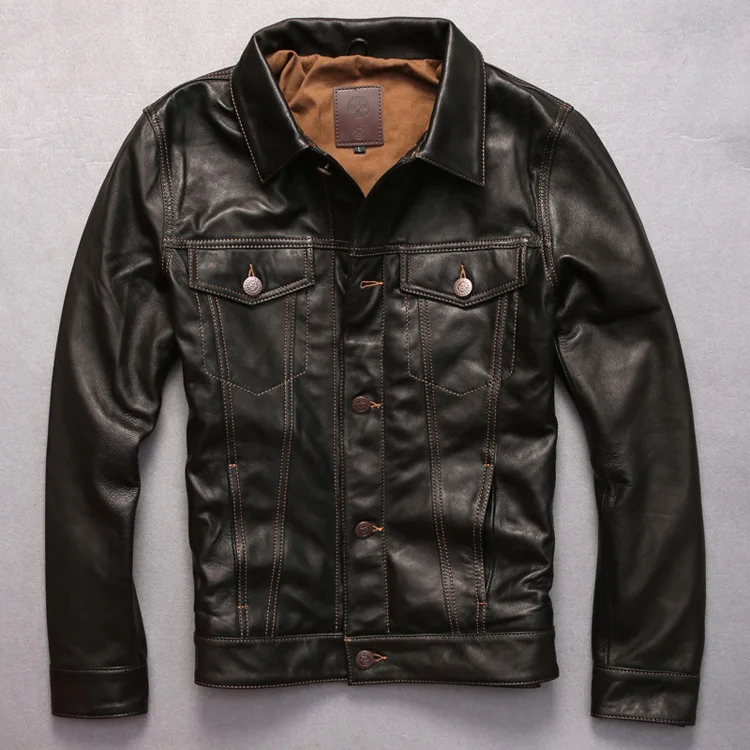 Новая мужская классическая стильная кожаная мотоциклетная куртка из козьей кожи, модная однобортная куртка с отворотом, приталенная куртка