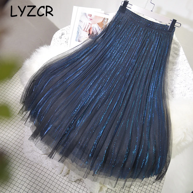 Летние Плиссированные тюлевые Юбки Женская с высокой талией Серебряная юбка-пачка со складками Длинная Юбка-миди Saias Faldas Jupe Femme